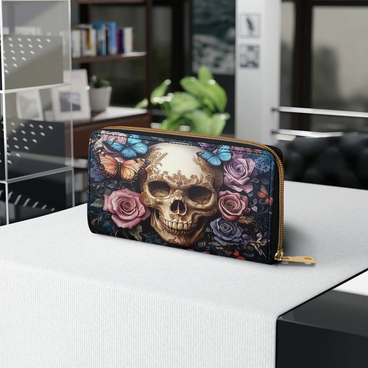  Leather Clutch Purse With Wristlet Strap Handle Skull Eternal Serenade