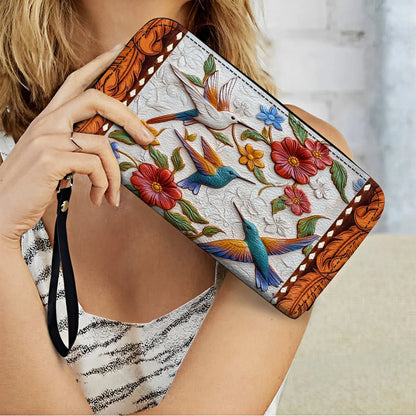  Leather Clutch Purse With Wristlet Strap Handle Hummingbird Blossom Flight
