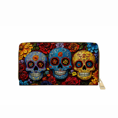  Leather Clutch Purse With Wristlet Strap Handle Floral Sugar Skull