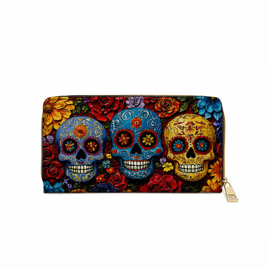  Leather Clutch Purse With Wristlet Strap Handle Floral Sugar Skull