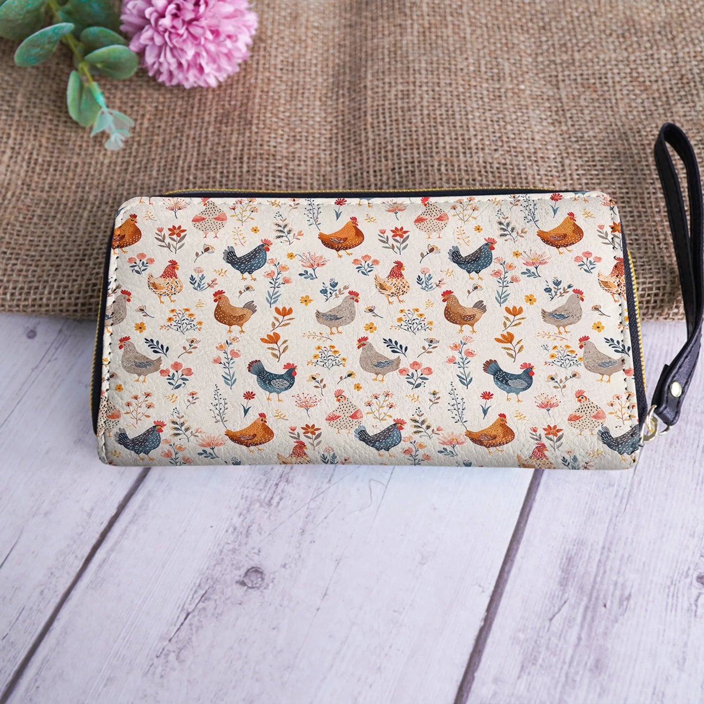  Leather Clutch Purse With Wristlet Strap Handle Chicken Flower