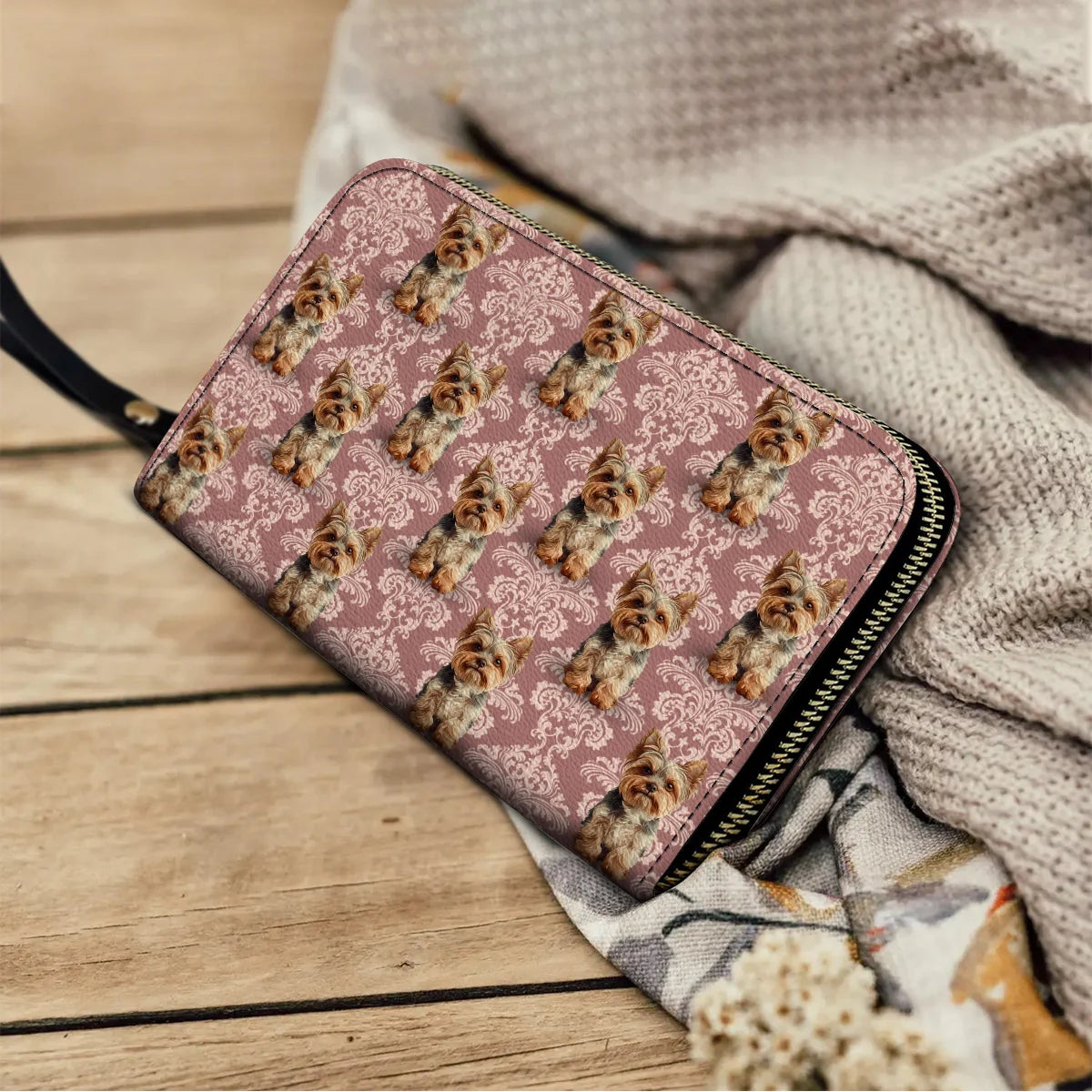  Leather Clutch Purse With Wristlet Strap Handle Elegant Yorkie Bliss