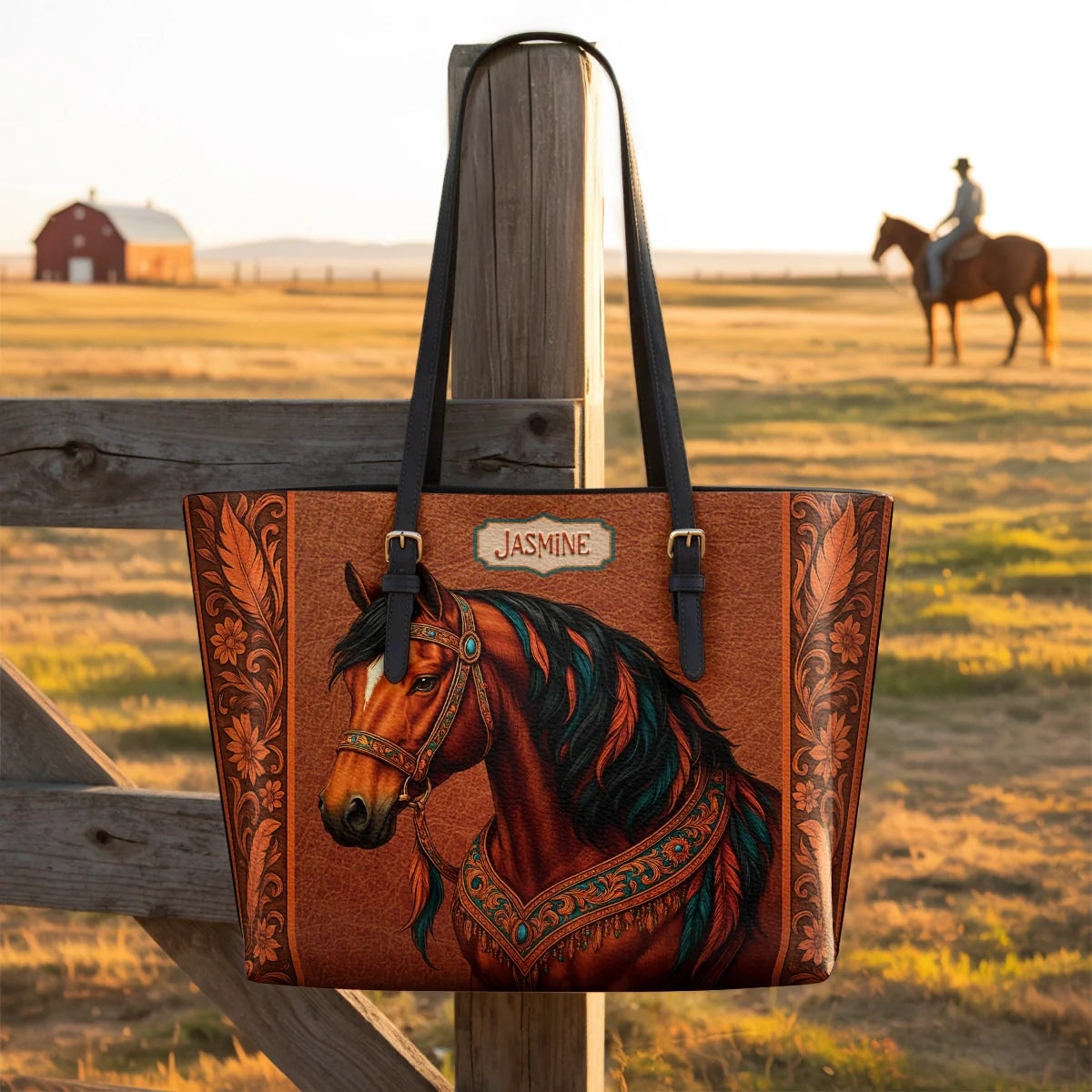  Regal Horse Bloom Leather Tote Bag