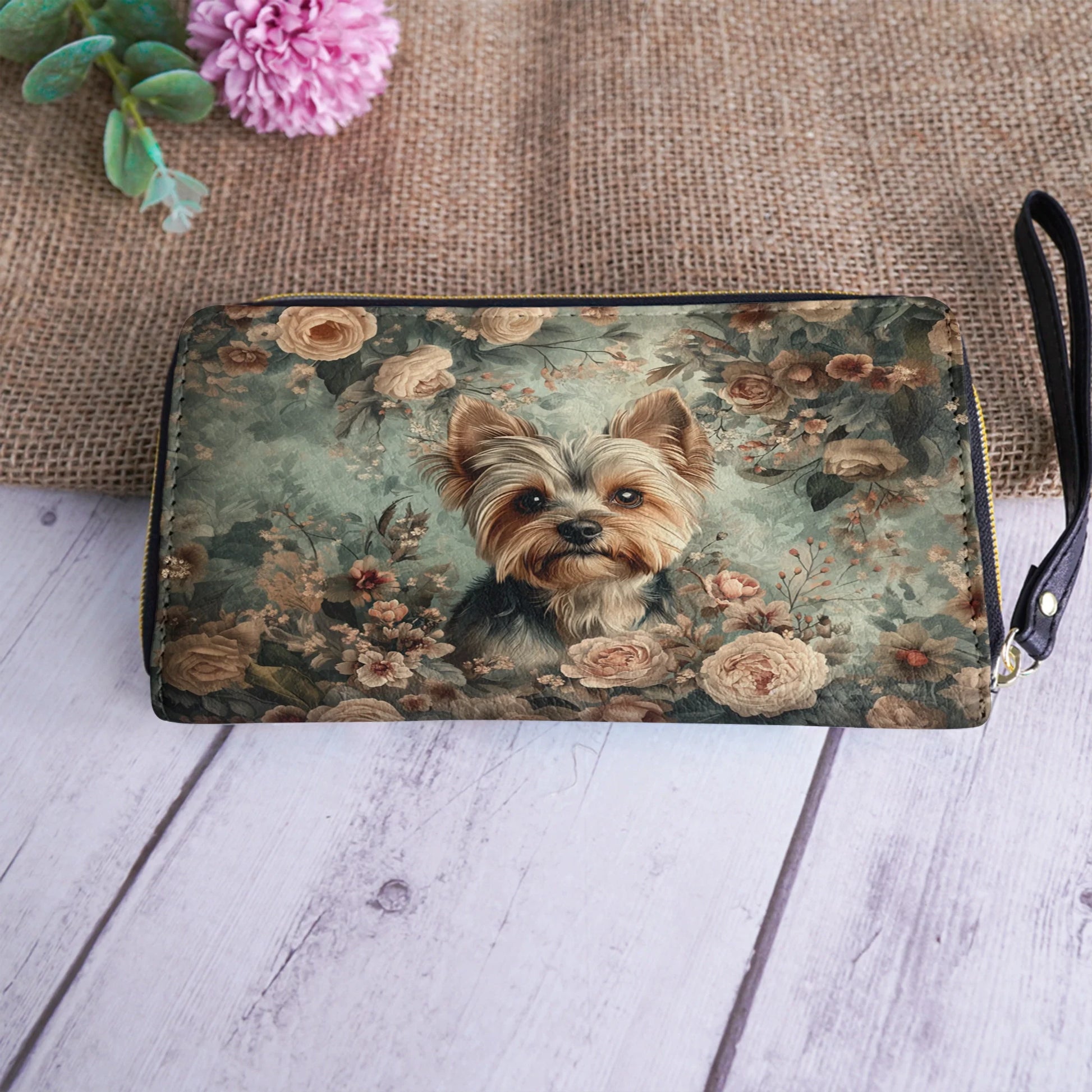  Leather Clutch Purse With Wristlet Strap Handle Yorkie Blossom Luxe