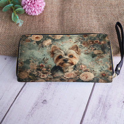  Leather Clutch Purse With Wristlet Strap Handle Yorkie Blossom Luxe