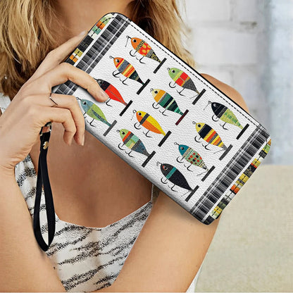  Leather Clutch Purse With Wristlet Strap Handle Vintage Fishing Lures