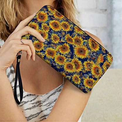  Leather Clutch Purse With Wristlet Strap Handle Sunflower Gorgeous Flower
