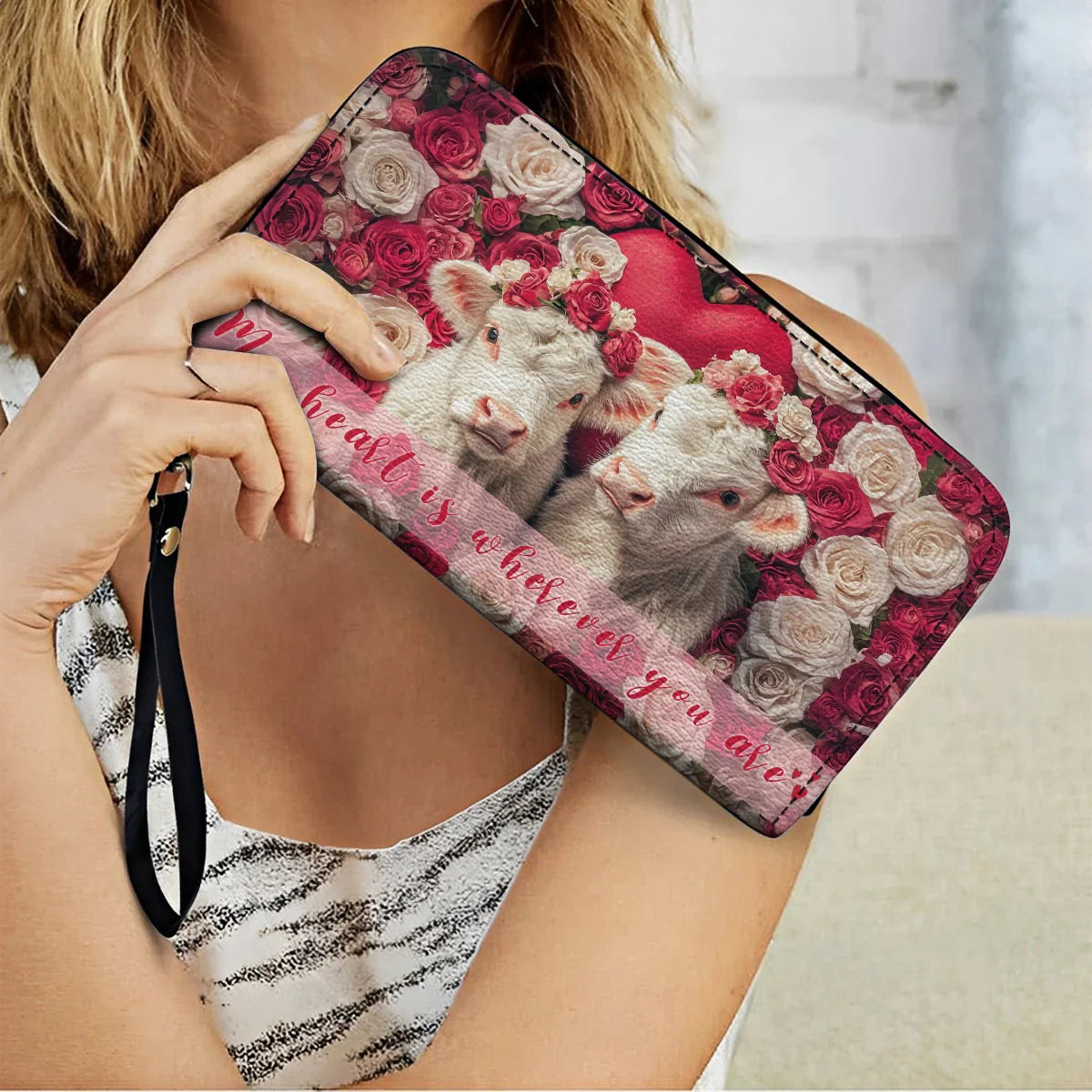  Leather Clutch Purse With Wristlet Strap Handle Valentine Cow Charm