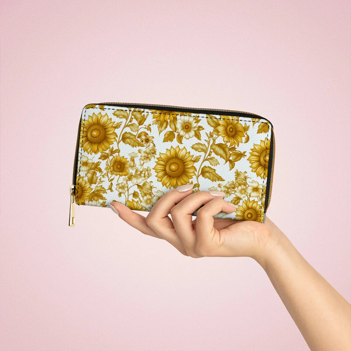  Leather Clutch Purse With Wristlet Strap Handle Golden Sunflower Bloom