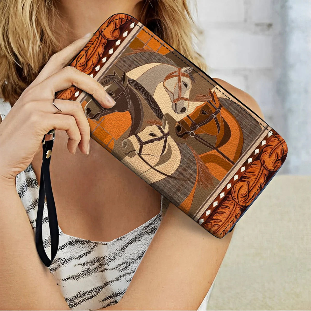  Leather Clutch Purse With Wristlet Strap Handle Masterpiece In Horse