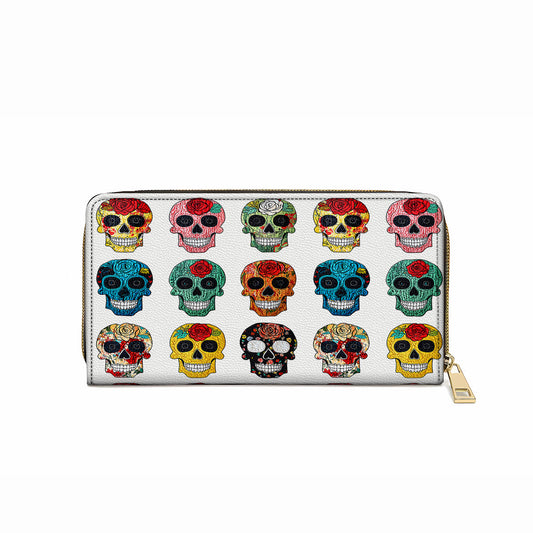  Leather Clutch Purse With Wristlet Strap Handle Colorful Sugar Skull Roses