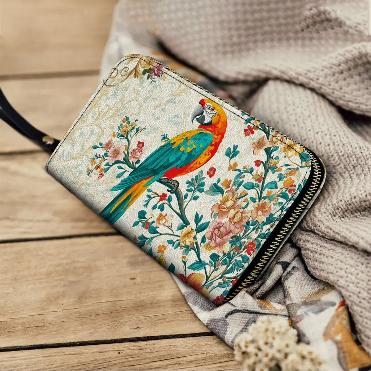  Leather Clutch Purse With Wristlet Strap Handle Macaw Enchantment