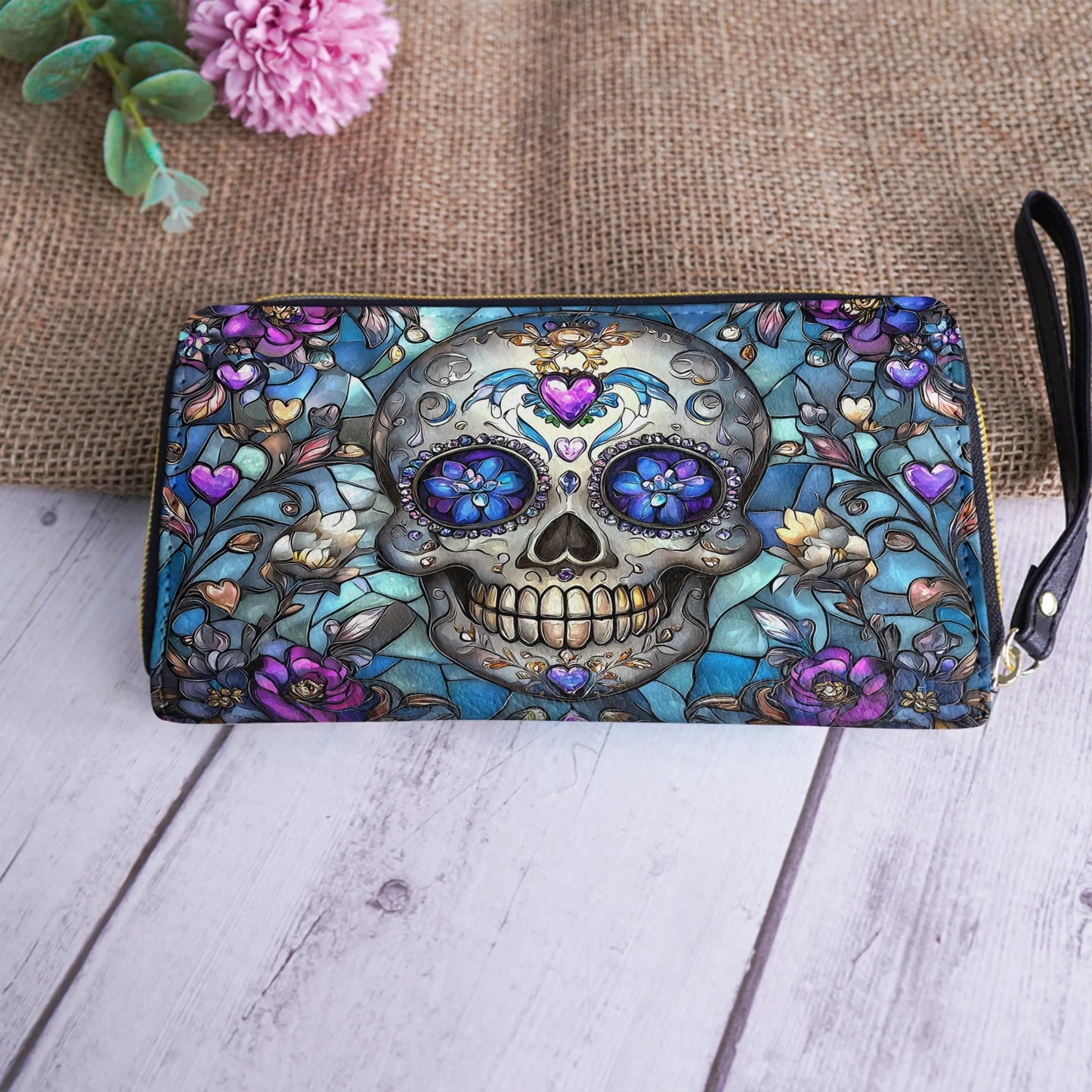 Leather Clutch Purse With Wristlet Strap Handle Lumina Gothic Skull