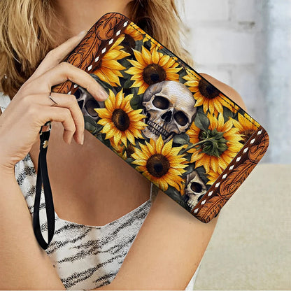  Leather Clutch Purse With Wristlet Strap Handle Sunflower Skull
