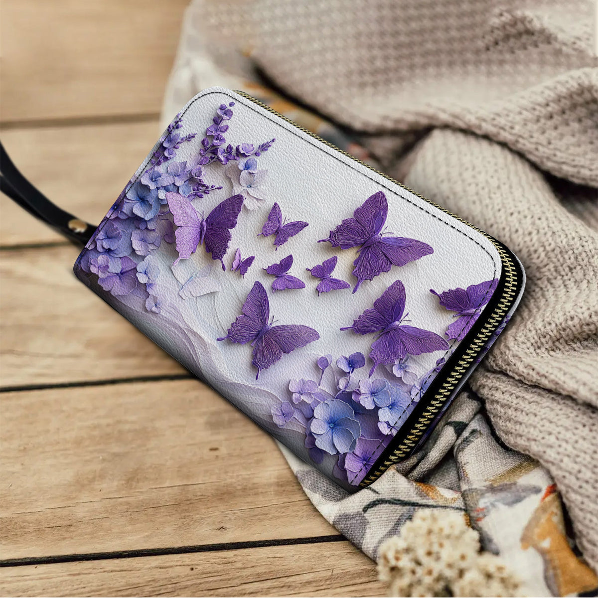  Leather Clutch Purse With Wristlet Strap Handle Purple Blossom Wings