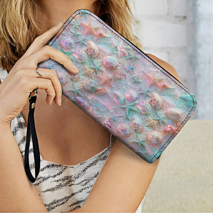  Leather Clutch Purse With Wristlet Strap Handle Coastal Shell