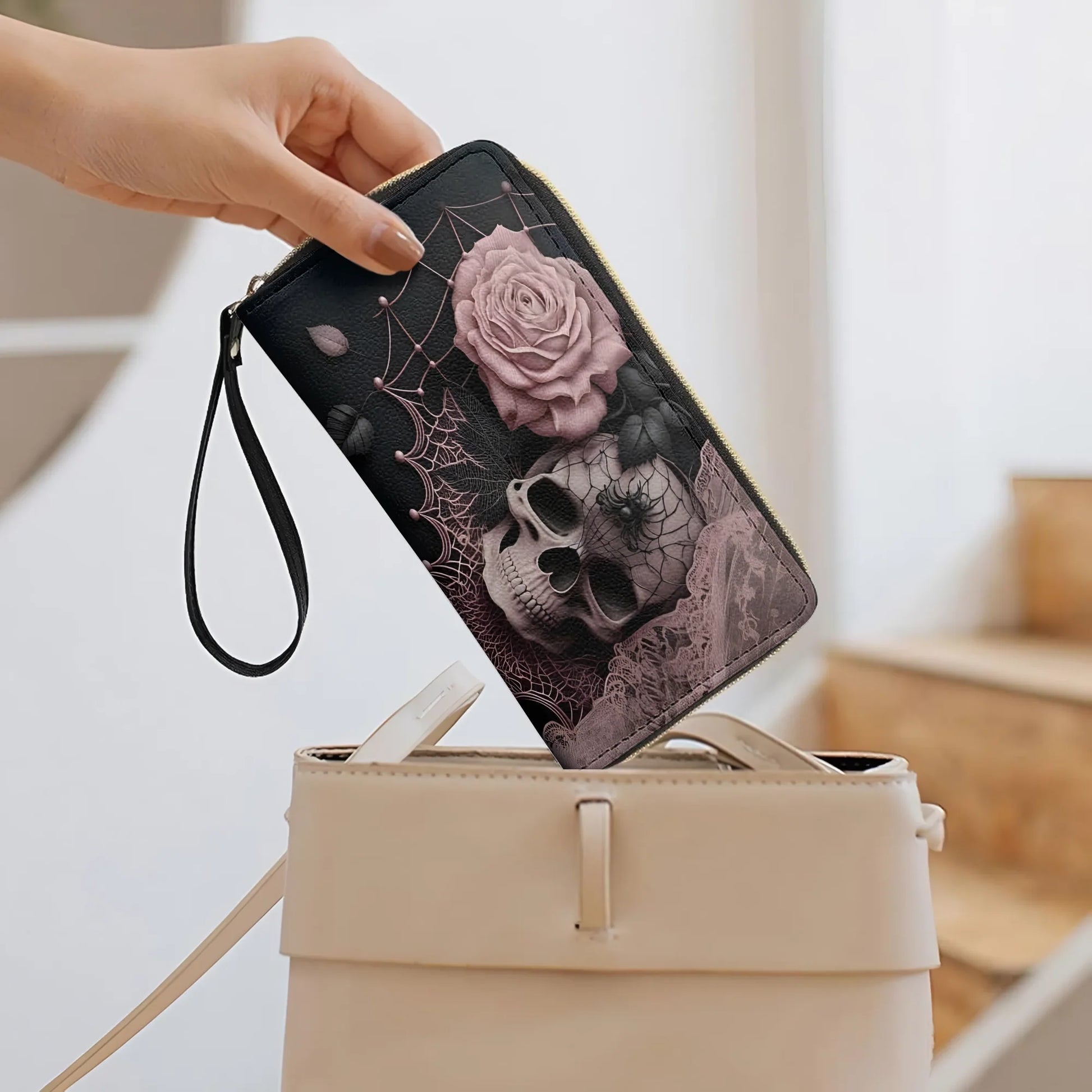  Leather Clutch Purse With Wristlet Strap Handle Dark Bloom Gothic