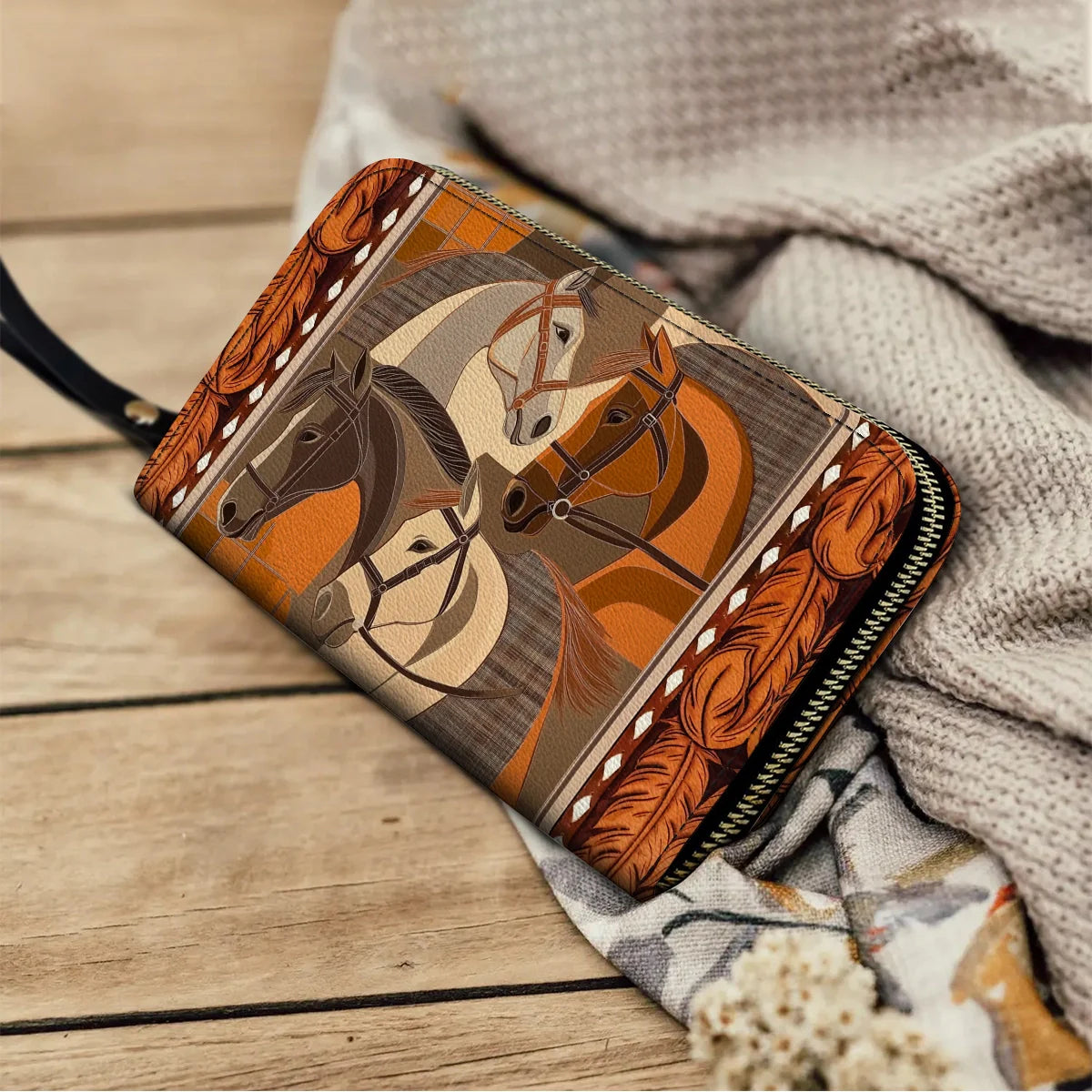  Leather Clutch Purse With Wristlet Strap Handle Masterpiece In Horse