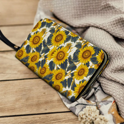  Leather Clutch Purse With Wristlet Strap Handle Sunflower Bold Bloom