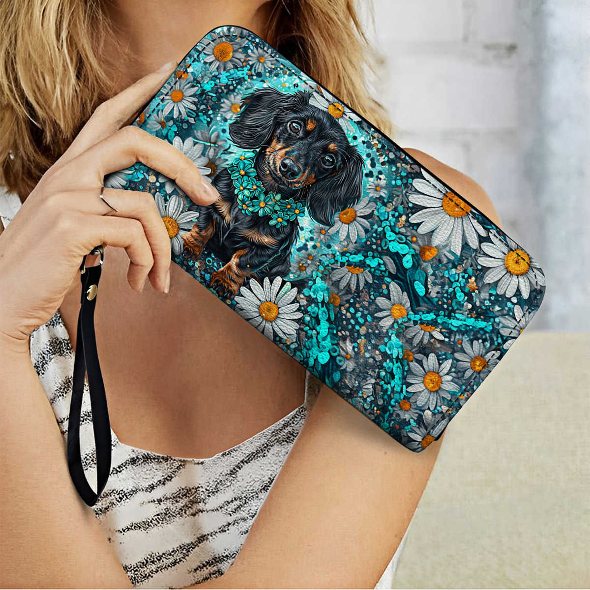  Leather Clutch Purse With Wristlet Strap Handle Dachshund Daisy
