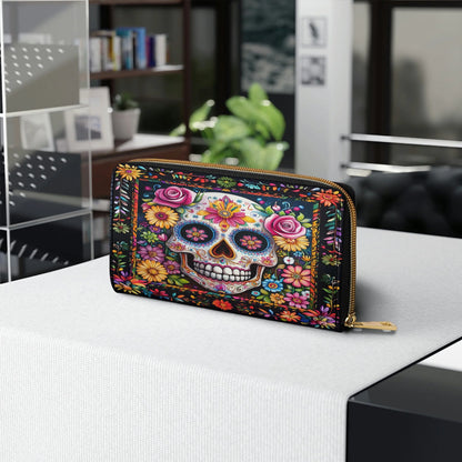  Leather Clutch Purse With Wristlet Strap Handle Calavera Floral Dreams