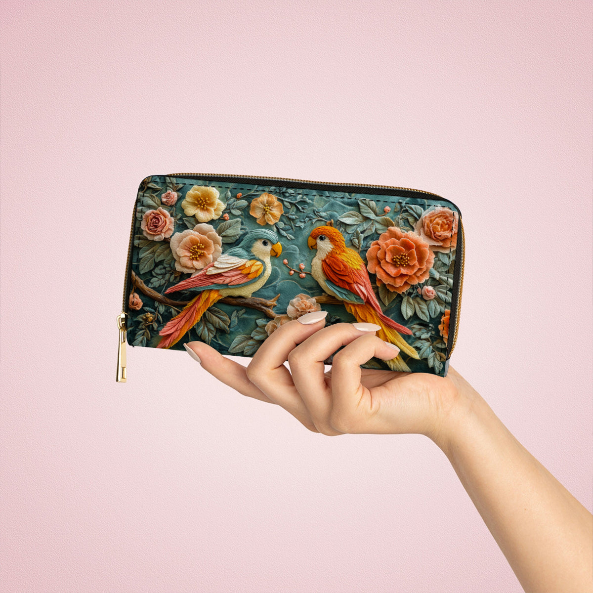  Leather Clutch Purse With Wristlet Strap Handle Ethereal Lovebirds