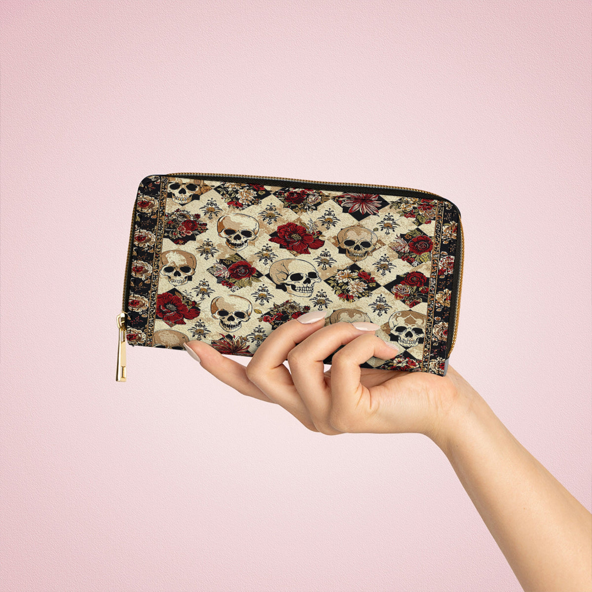  Leather Clutch Purse With Wristlet Strap Handle Elegant Skull Roses