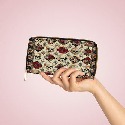  Leather Clutch Purse With Wristlet Strap Handle Elegant Skull Roses