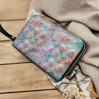  Leather Clutch Purse With Wristlet Strap Handle Coastal Shell