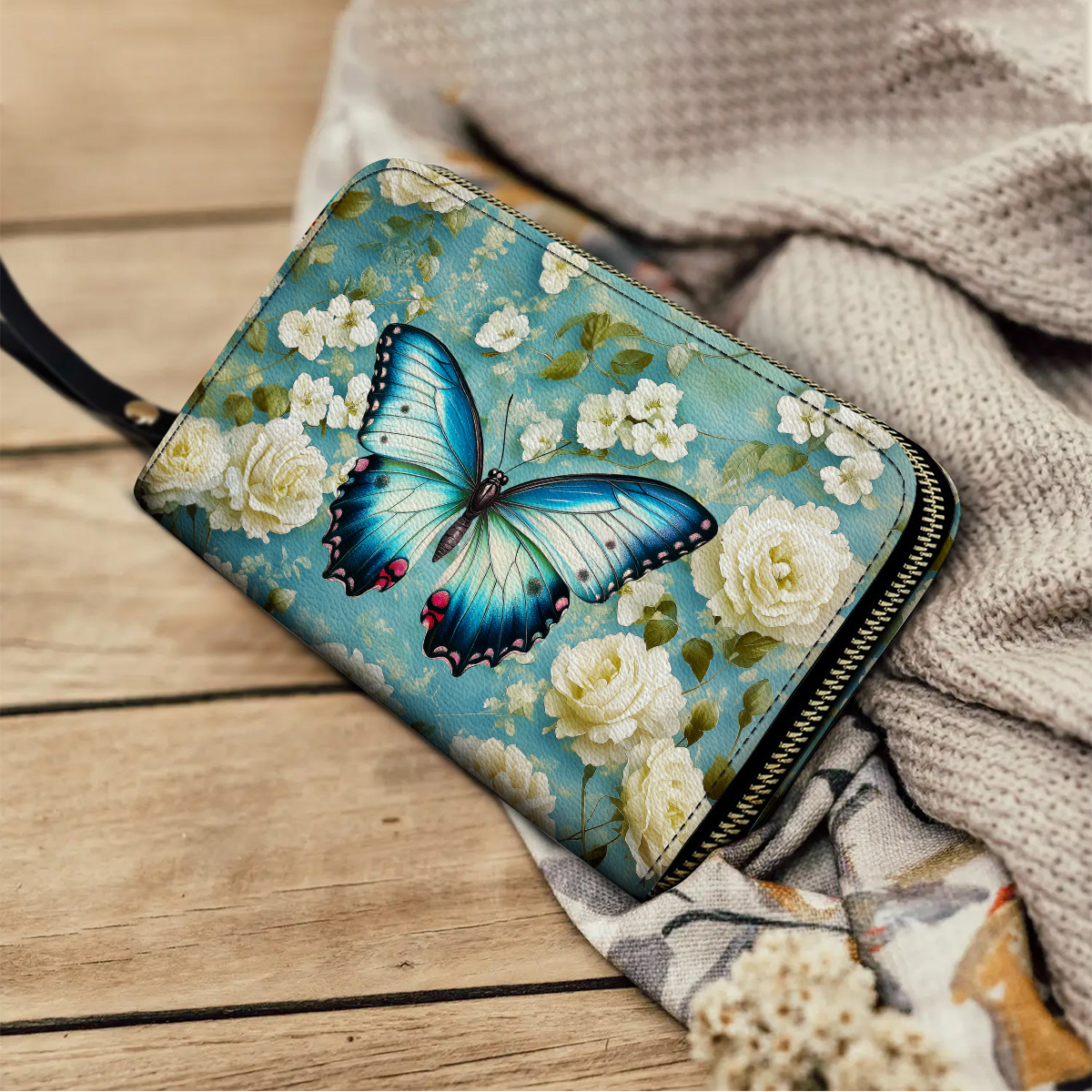  Leather Clutch Purse With Wristlet Strap Handle Frosty Winter Butterfly