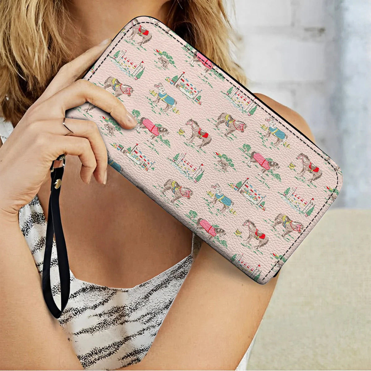  Leather Clutch Purse With Wristlet Strap Handle Horse Racing