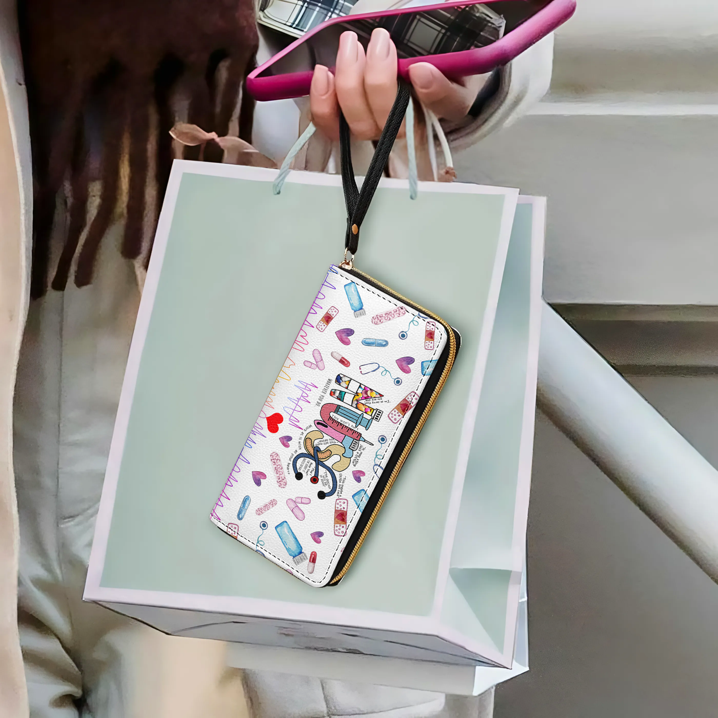  Leather Clutch Purse With Wristlet Strap Handle Nurse Colorful