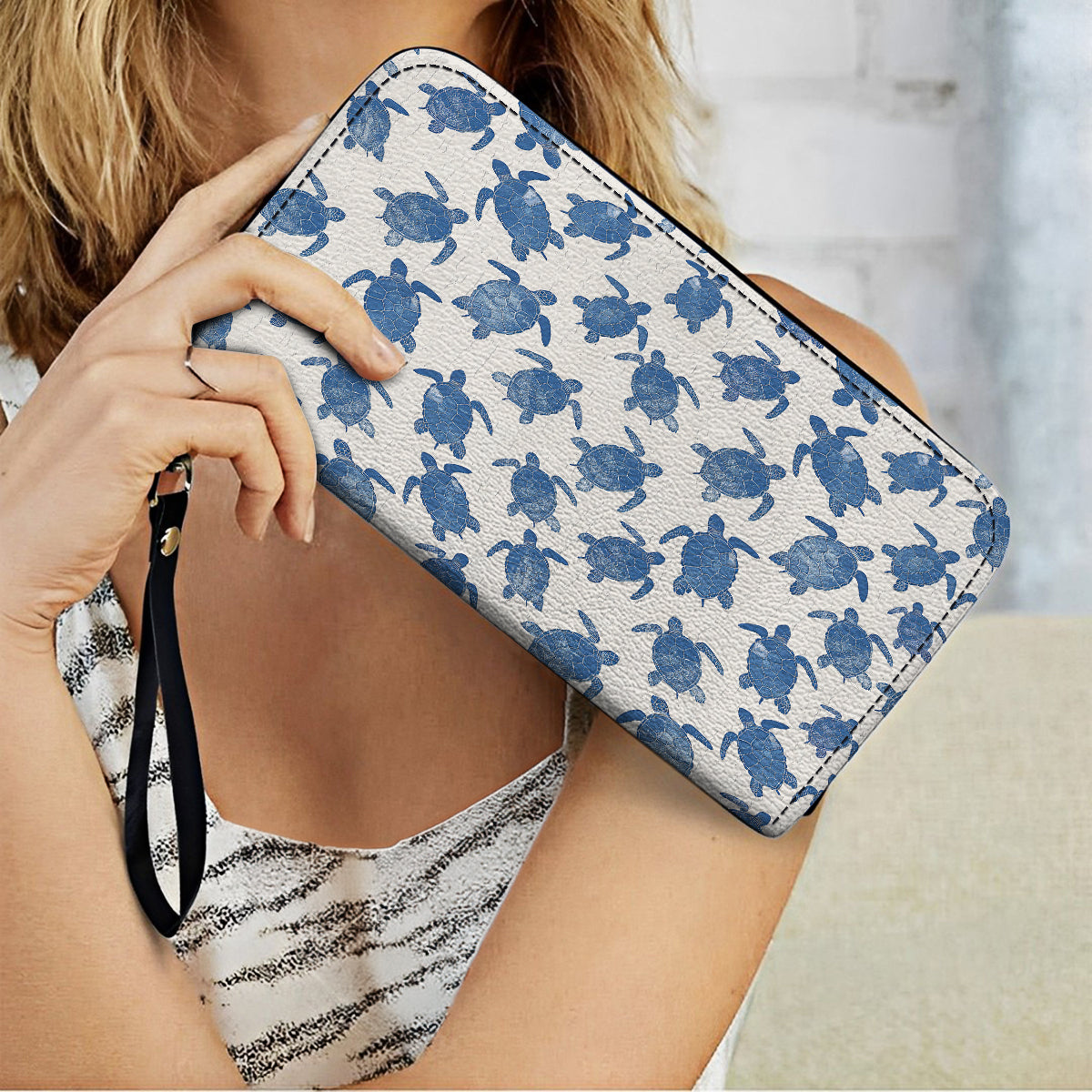  Leather Clutch Purse With Wristlet Strap Handle Gentle Sea Turtle