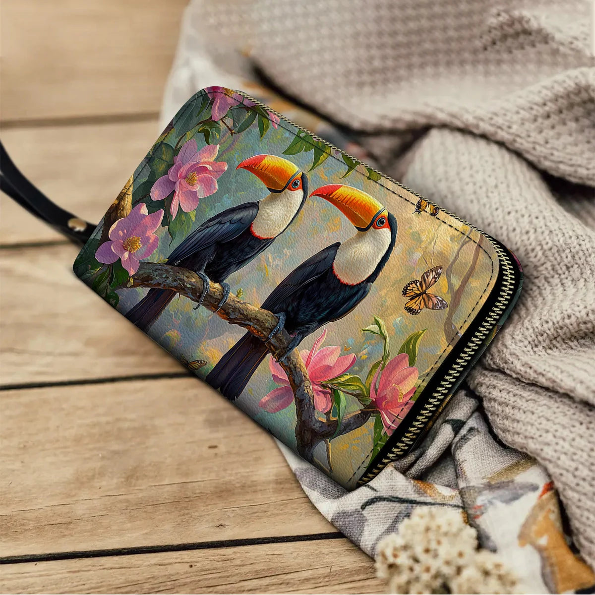  Leather Clutch Purse With Wristlet Strap Handle Tropical Toucan