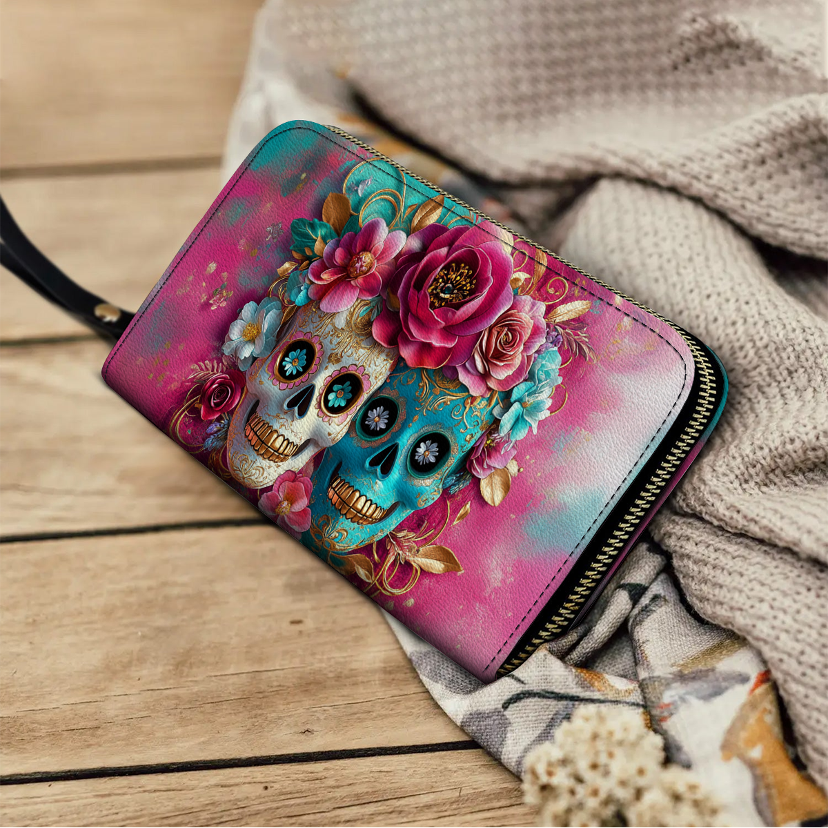 Leather Clutch Purse With Wristlet Strap Handle Sugar Skull Love