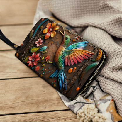  Leather Clutch Purse With Wristlet Strap Handle Hummingbird And Flower