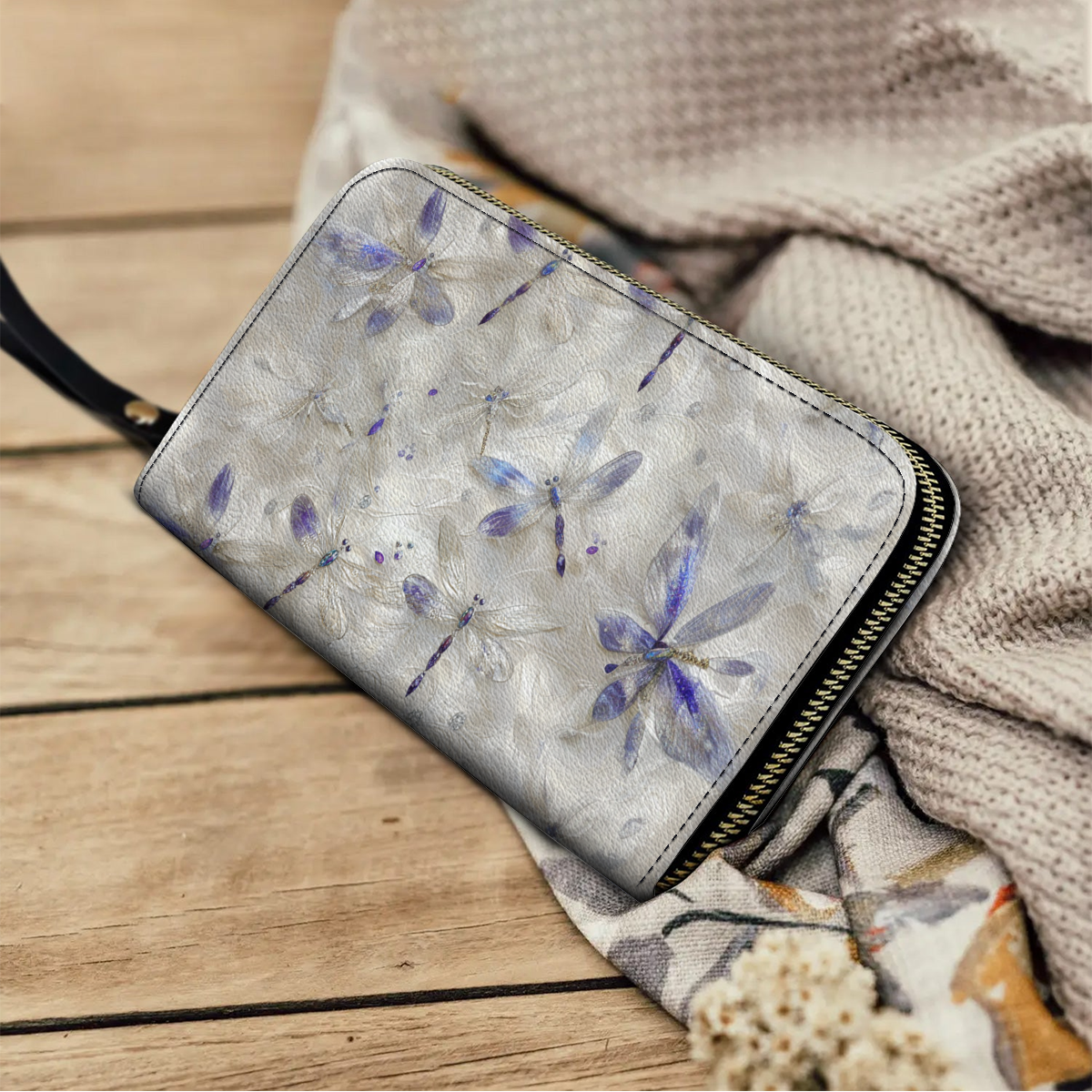  Leather Clutch Purse With Wristlet Strap Handle Ethereal Dragonfly Elegance