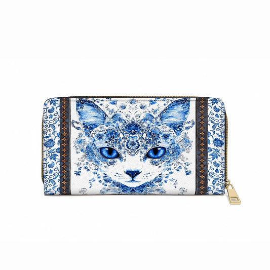  Leather Clutch Purse With Wristlet Strap Handle Blue Beauty Cat