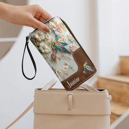  Leather Clutch Purse With Wristlet Strap Handle Personalized Wings of Bloom