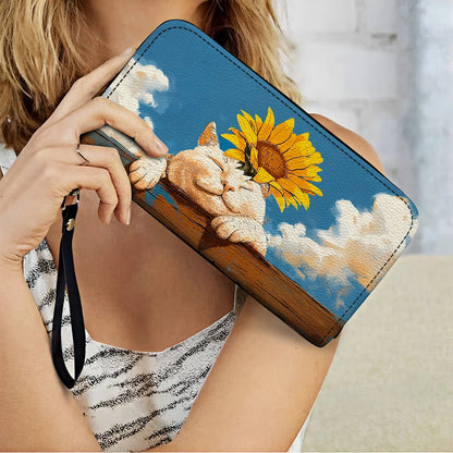  Leather Clutch Purse With Wristlet Strap Handle Relaxing Cat