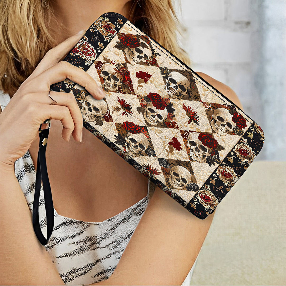  Leather Clutch Purse With Wristlet Strap Handle Charming Skull Roses