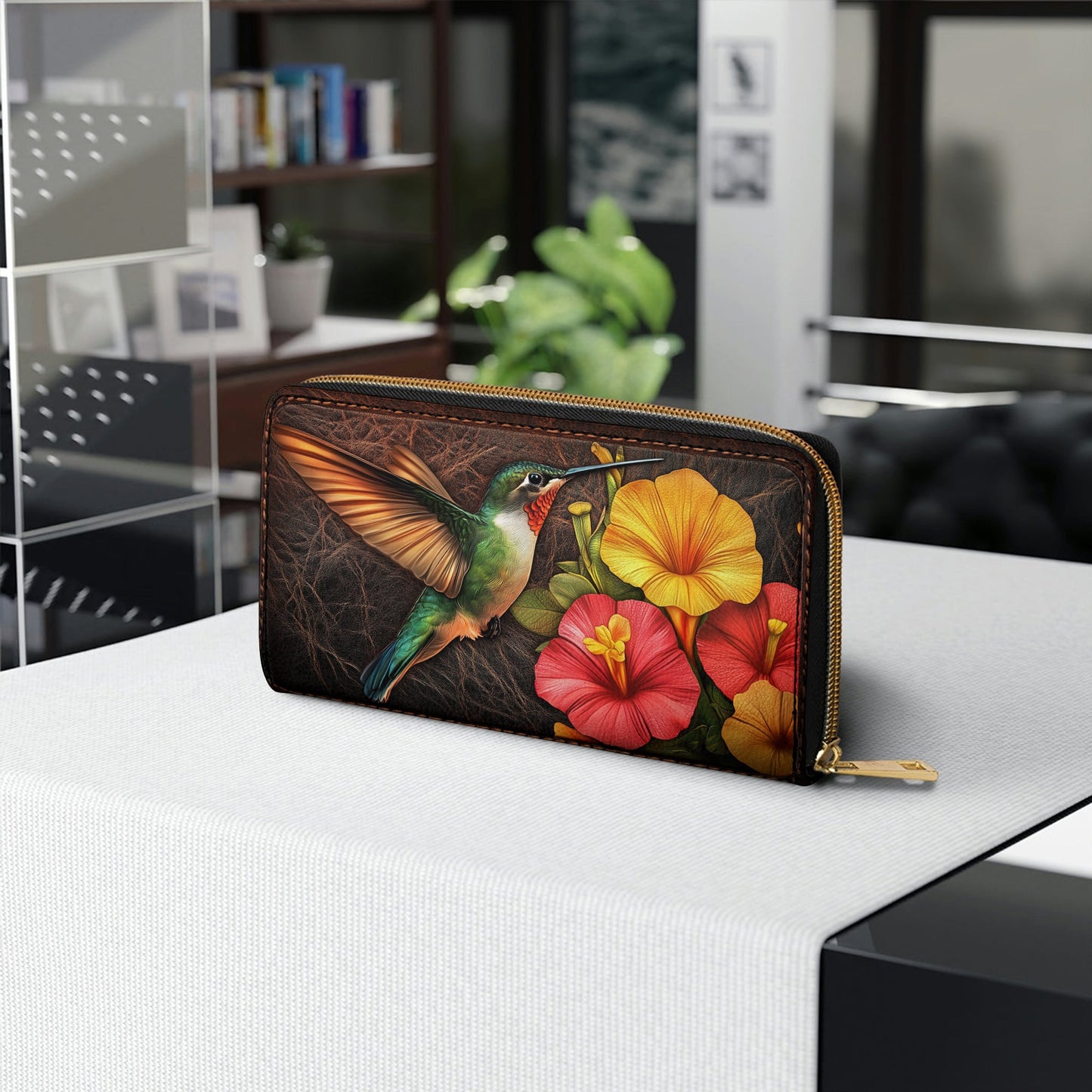  Leather Clutch Purse With Wristlet Strap Handle Tropical Hummingbird