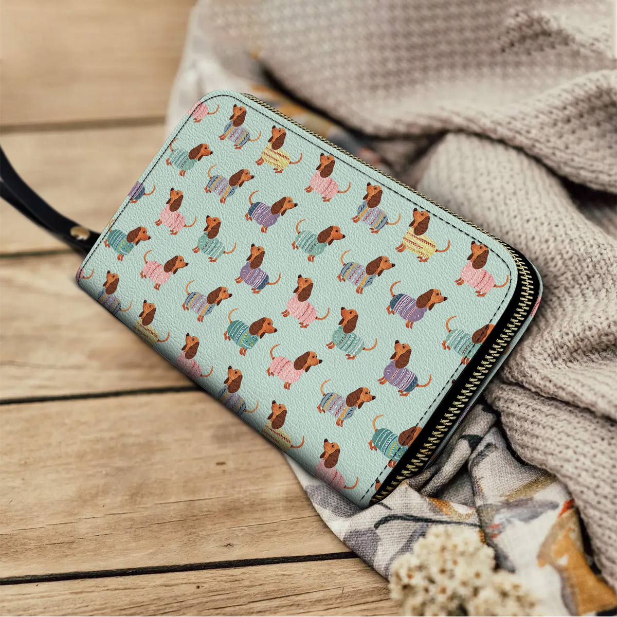  Leather Clutch Purse With Wristlet Strap Handle Colorful Dachshunds Ver2