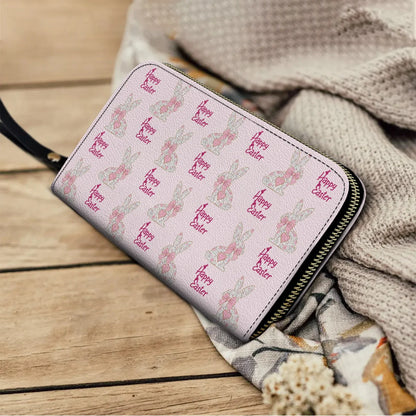 Leather Clutch Purse With Wristlet Strap Handle Easter Day Sweet Bunny