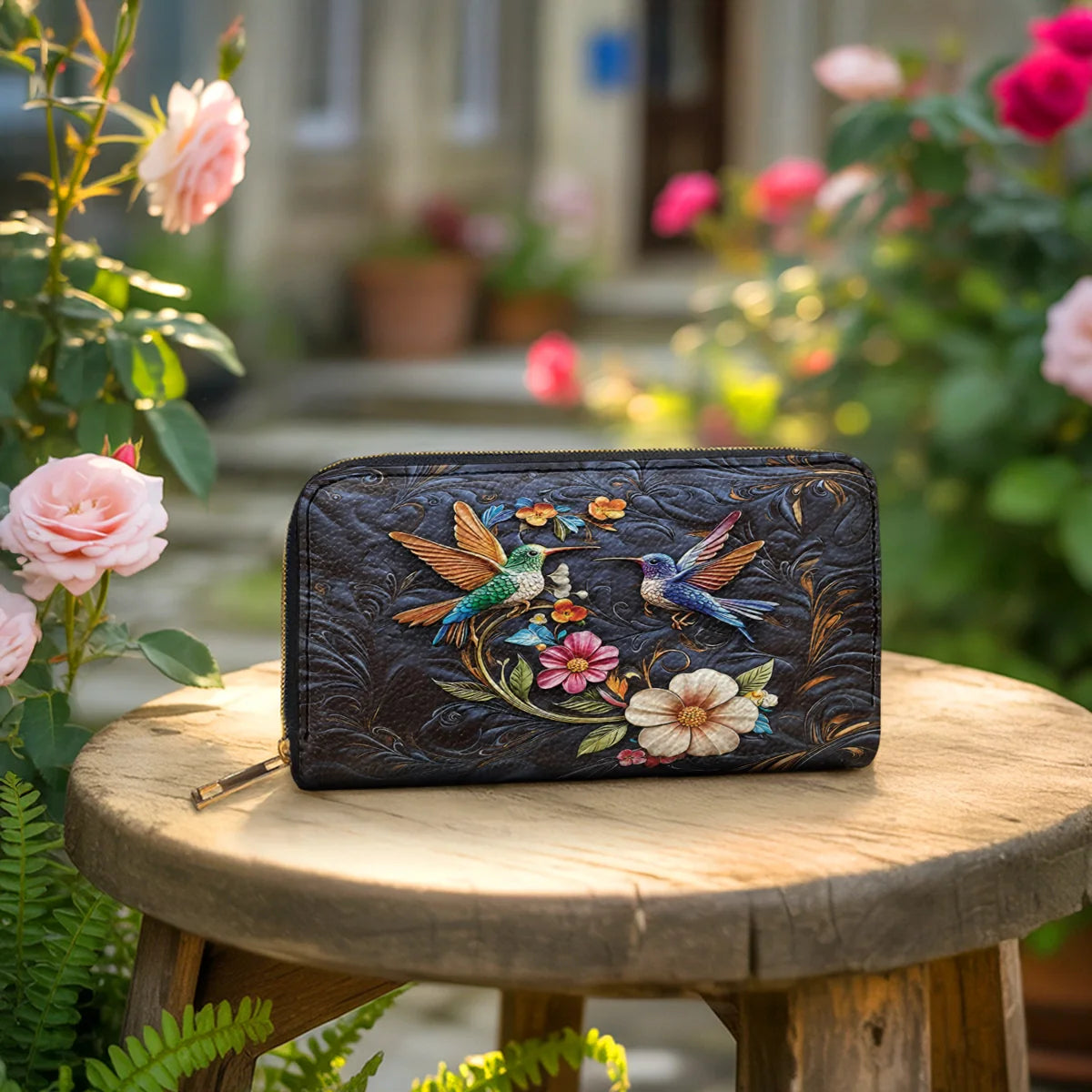  Leather Clutch Purse With Wristlet Strap Handle Hummingbird Dream