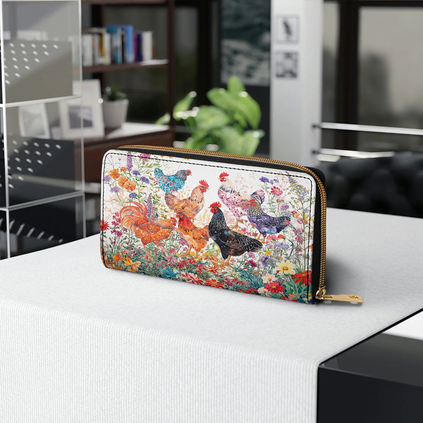  Leather Clutch Purse With Wristlet Strap Handle Chicken Rooster Garden Bliss