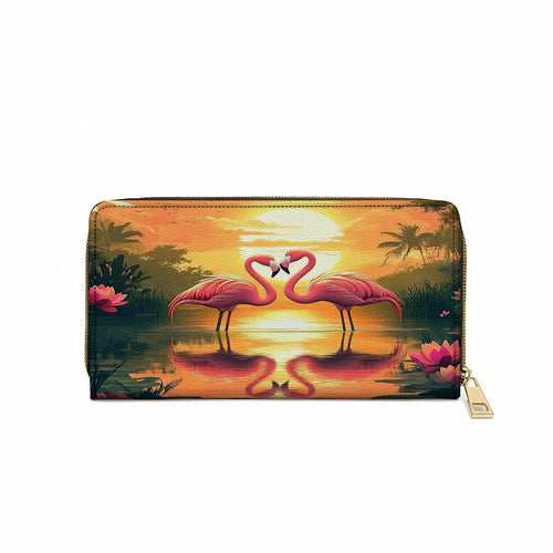  Leather Clutch Purse With Wristlet Strap Handle Flamingo Sunset Love