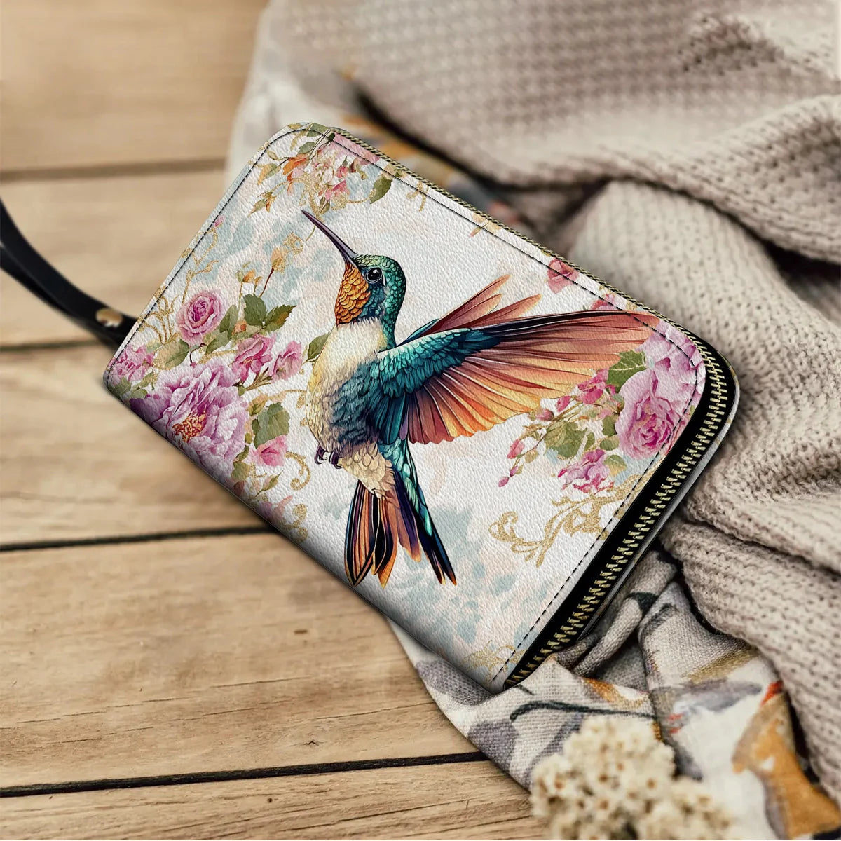  Leather Clutch Purse With Wristlet Strap Handle Ethereal Flight Hummingbird