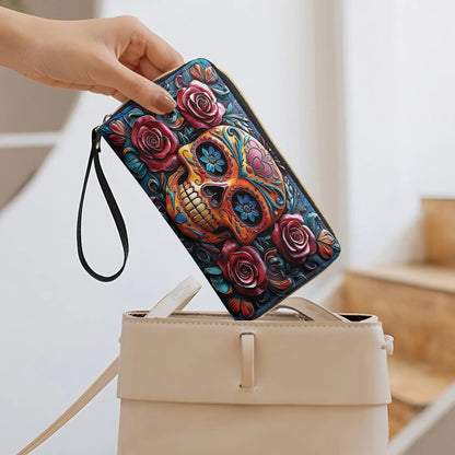  Leather Clutch Purse With Wristlet Strap Handle Vivid Skull and Roses