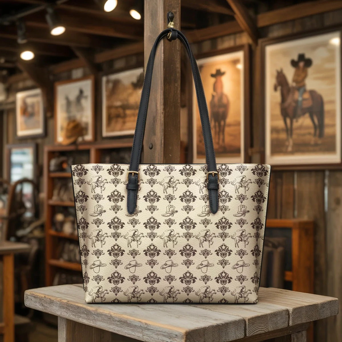  Cowboy Toile Leather Tote Bag